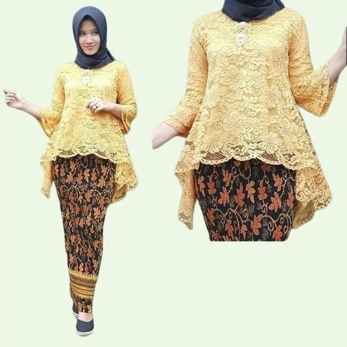 Setelan Kebaya Bahan Brukat Warna Kuning dan Rok Plisket