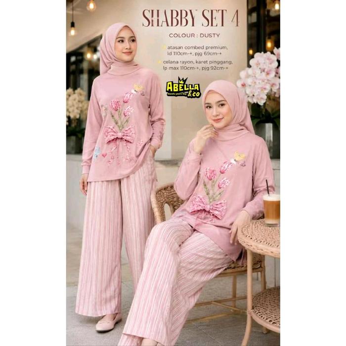 Abella & Co Flofy Shabby Set 4 Warna Dusty Atasan Combed Premium Celana Rayon Karet Pinggang