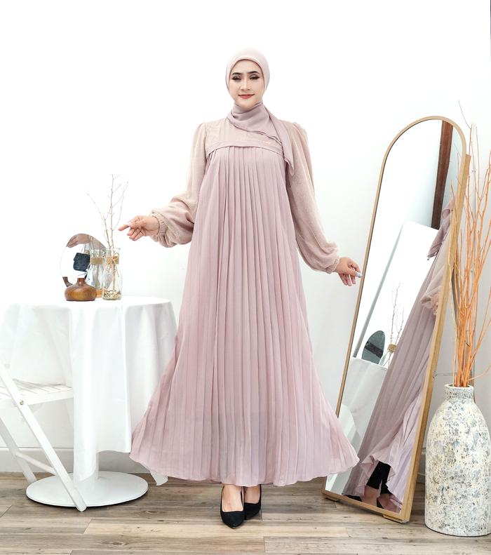 Rifela - Namira Dress Gamis Plisket Tille Fogging Mix Ceruty Babydoll Armany Polos FREE HIJAB Segi E