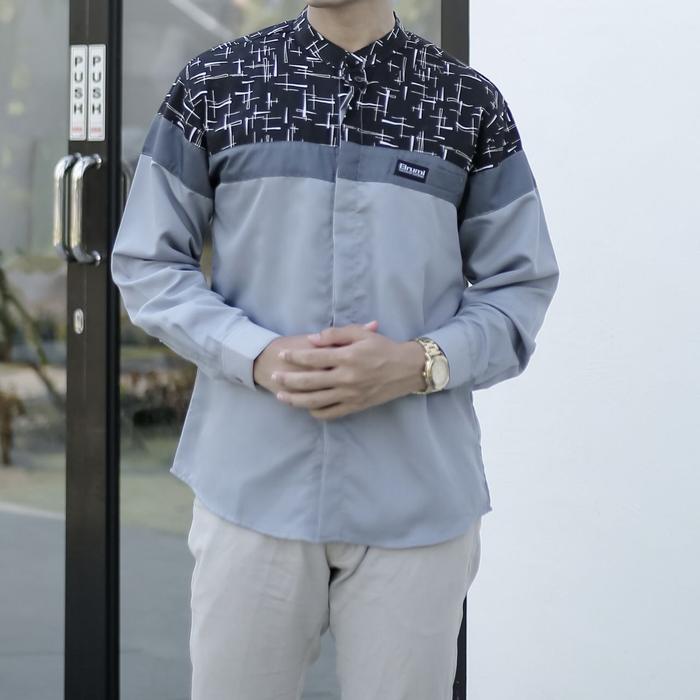 Baju Koko El Rumi Lengan Panjang Motif Senopati Warna Abu Kombinasi Batik Kemeja Koko Pria Dewasa