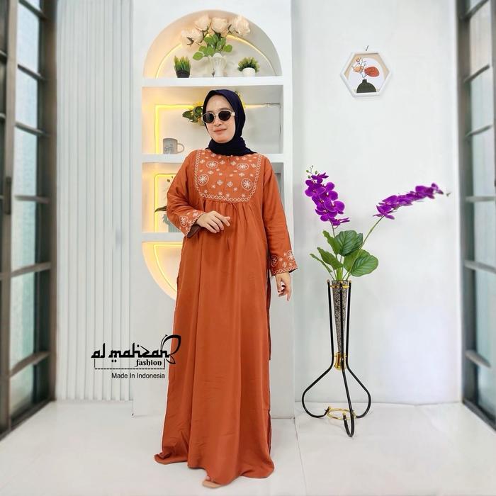 Midi dress wanita super jumbo rayon twil mix bordir farah midi dress Muslim Gamis Mewah Remaja Tunik