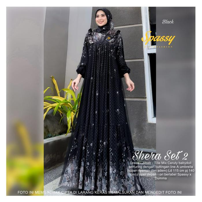 Shera Set Hijab by Spassy x Dumma / Gamis Maxi Dress Setelan Jilbab / Bahan Ceruty Babydoll mix Tile