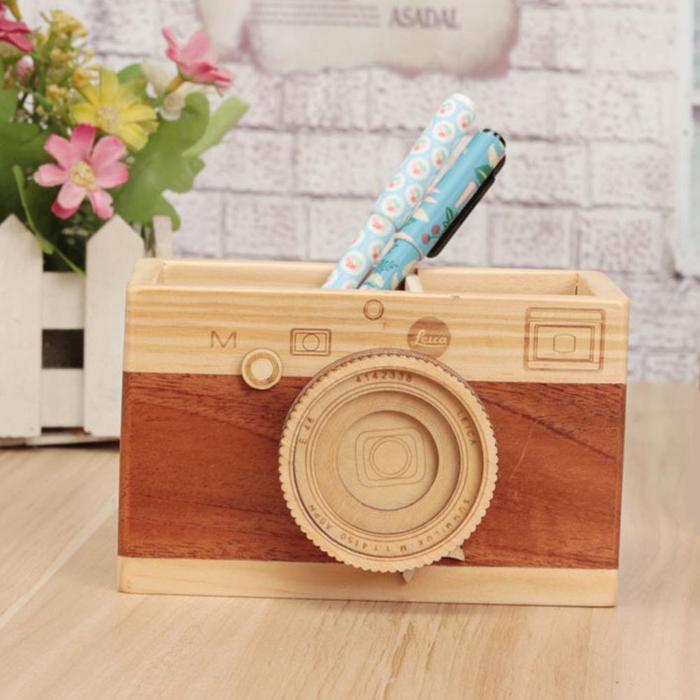 2020 Sharkbang Kamera Vintage Kayu Pena Pensil Meja Dudukan