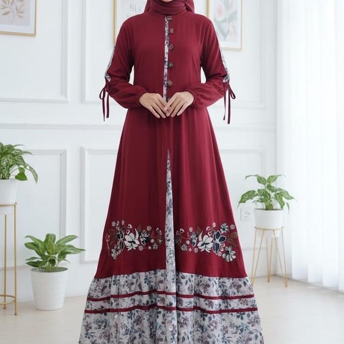 Gamis Shabrina Nayla Two-Tone Floral Series - Atasan Dewasa dengan Bordir Bunga Cantik & Kancing Dep