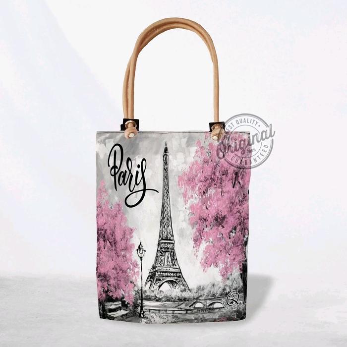 Totebag Single Tali Sumbu Portrait Printing Motif Negara Paris Hitam Wanita Bahan Cordura Furing Uku