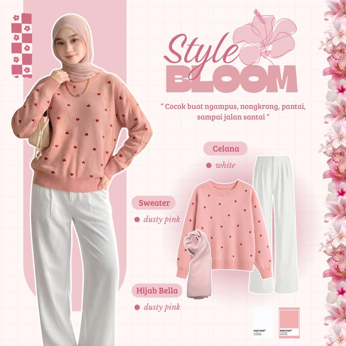 Baju Outfit Cewek 3IIN1 (SWEATER POLKALOVE | CELANA JENNIE KNIT | HIJAB BELLA) One Set Wanita Terkin