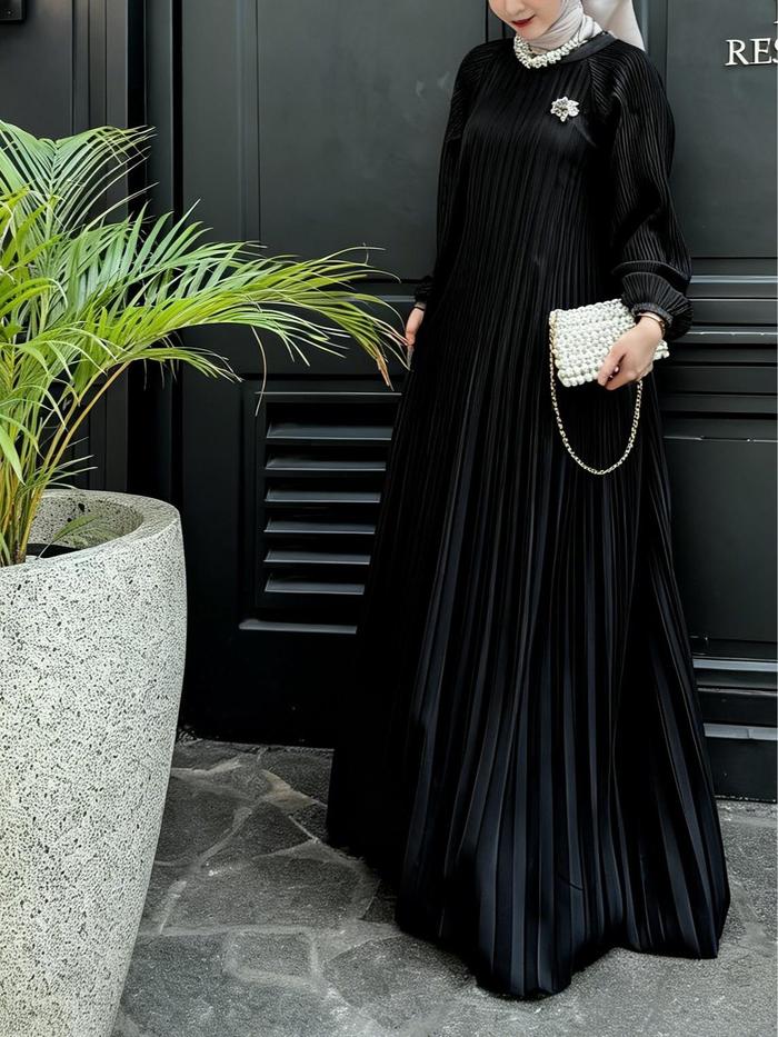 Dress Wanita Casual FANMU Gamis Plisket Premium dengan  - Nude putih hitam Muslim Panjang Maxi Konda