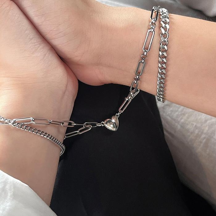 Gelang Pasangan Magnet Cinta Jahitan Baja Titanium Pasangan Dua Lapis Bracelet Detak Jantung Kembar