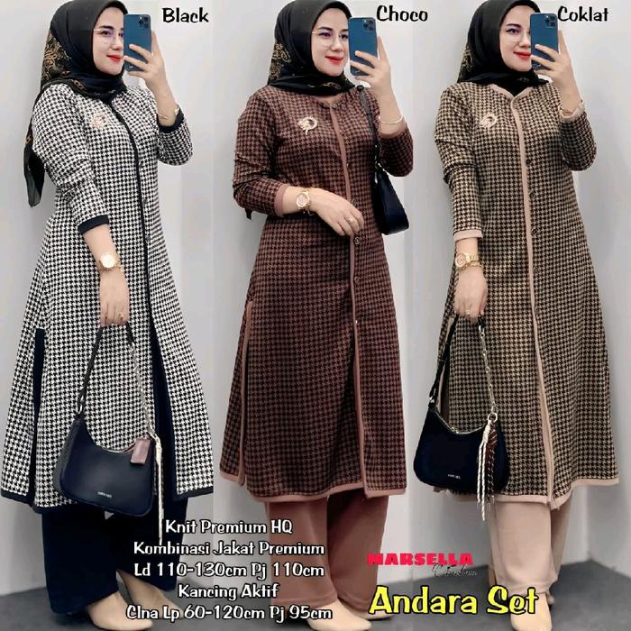 ANDARA LSET SETELAN ONE SET SETCEL TUNIK CELANA WANITA CASUAL JUMBO KNIT PREMIUM HQ LD 130 CM FIT XX