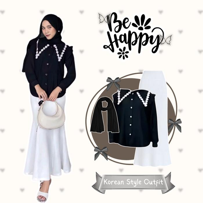 Setelan Korean Style Hijab Wanita  Remaja Kekinian |  Atasan Blouse Renda, Rok Duyung Scuba , Pashmi
