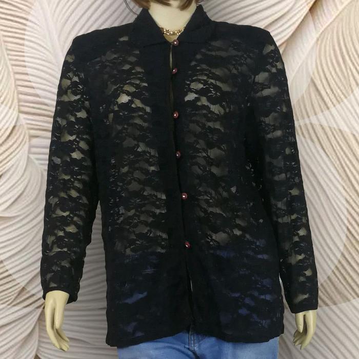 CORDIA Black Outer Brokat Lembut Transparant Full Kancing Depan OTR18 (tanpa celana) Atasan Hitam Ba