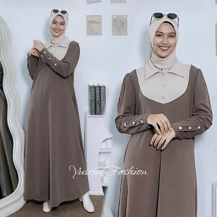 Gamis Dress Panjang Wanita Terbaru 2025 Kekinian Bahan Knit Premium Model Inara Kancing Lengan Kupu 