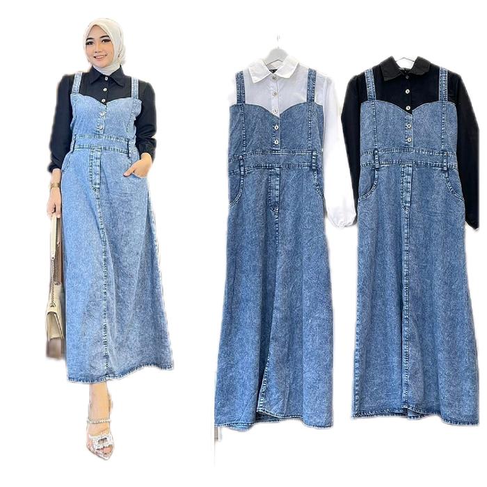 Cl nola overal set jeans Dress wanita muslimah Gamis baju midi muslim gaun lebaran oneset hijab satu
