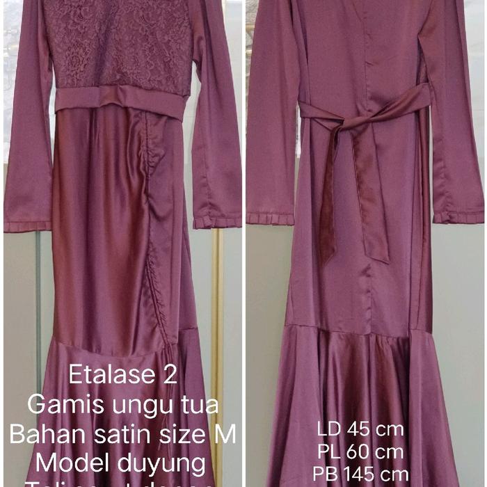 Gamis satin mewah ungu tua dengan model duyung, brokat di dada, tali serut di depan dan tali di bela