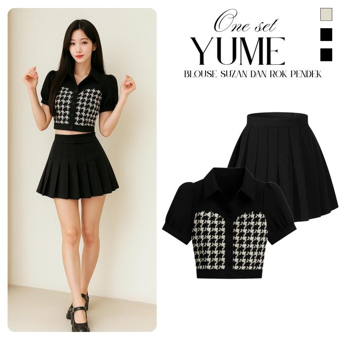 Yume One Set Korea Fashion Wanita ( atasan Suzan Top blouse Katun hitam + rok Pendek  ) Setelan part