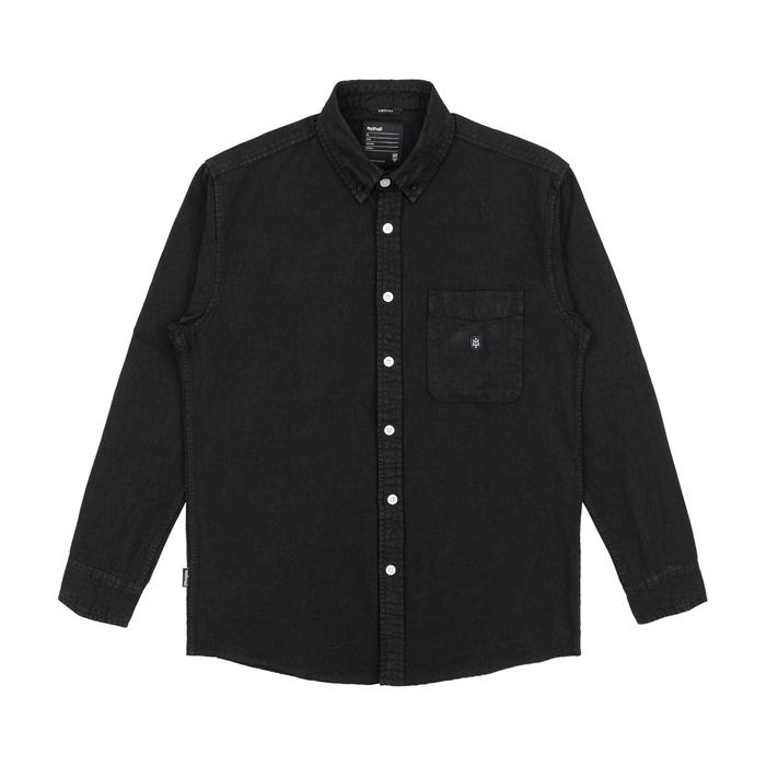 ZNAKES Clandestine MATERNAL DISASTER BLACK GARMENT DYED WASHED COTTON CANVAS LONG SLEEVE BUTTON UPS