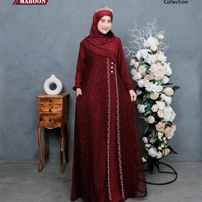 Nadira Dress Al Hasan Maroon Collection Gaun Muslimah Elegan dengan Detail Bordir dan Kancing Depan