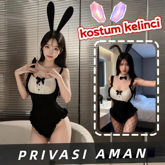 Sexy Lingerie Kostum Bunny Maid Seksi Baju Kelinci Pelayan One Piece Dress Pita Kupu-Kupu Leher