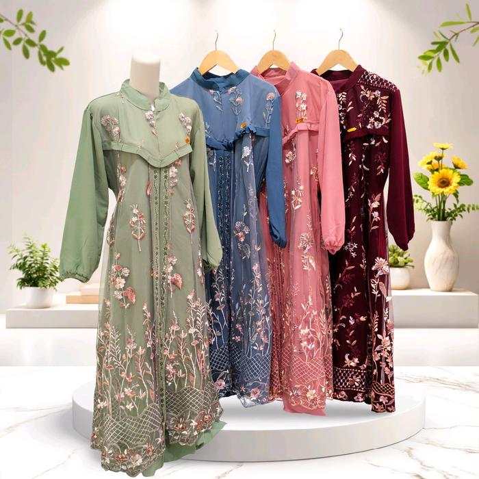 Gamis Brukat Mix Ceruty Mewah Dress Kondangan Lebaran Busui & Wudhu Friendly Bahan Ceruty Mix Brukat