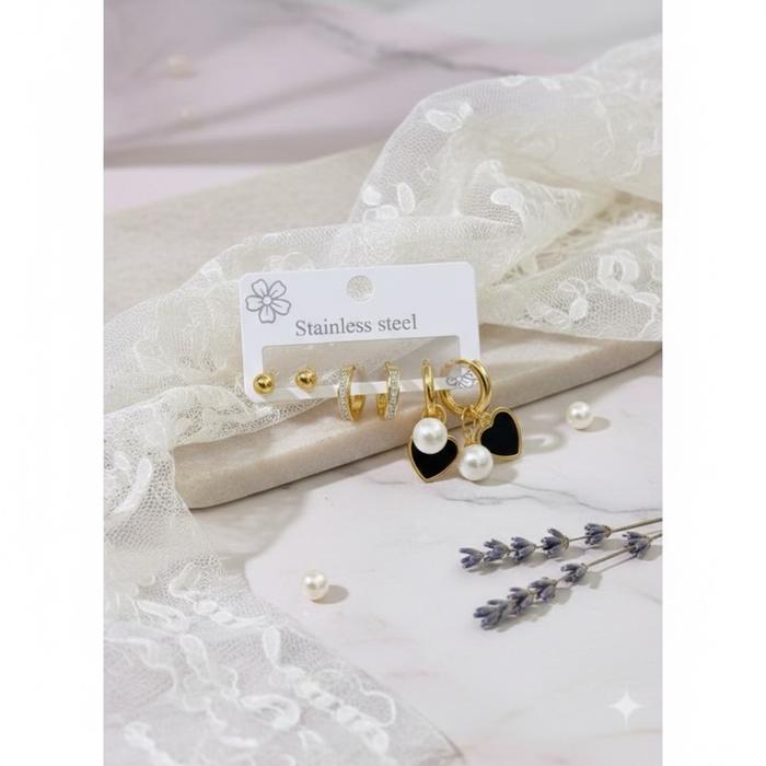set perhiasan anting titanium isi 3 model love hitam mutiara
