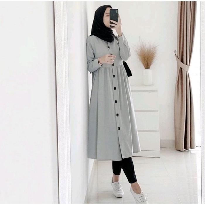Neda Long tunik muslim Wanita Polos Busui Remaja Kancing Formal Cantik Nyaman Basic Linen Hitam Casu