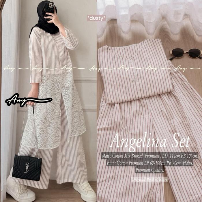 ready stok siap kirim angelina setelan tunik mix brokat dan celana kulot katun salur bestseller nyam