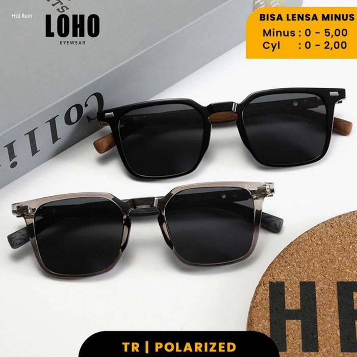 LOHO Kacamata Hitam Polarize Anti Uv 400 Motif Kayu Sunglasses Bisa Minus Frame Bentuk Wayfarer Fash