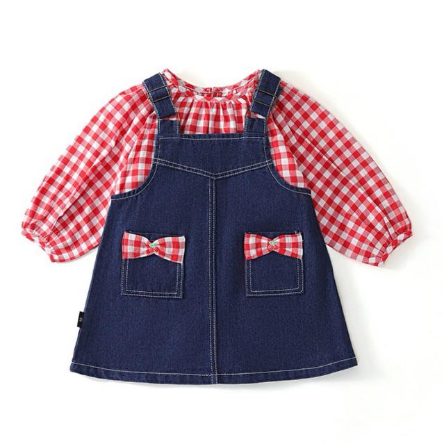 NEW Setelan 2in1 romper rok kodok jeans dan baju katun kotak ribbon korean anak perempuan