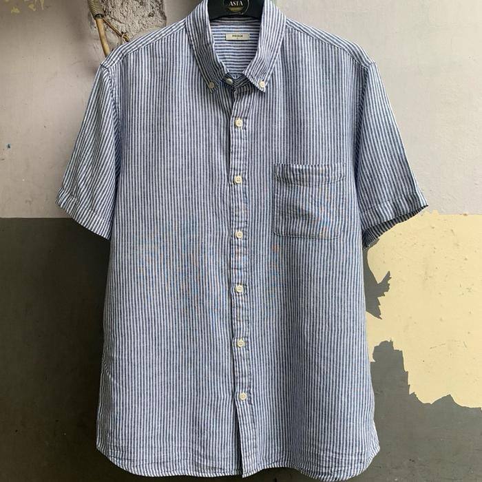 Kemeja pria polham linen stripe lengan pendek preloved