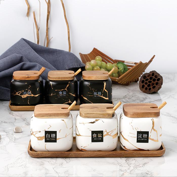 Jar Set Marble Ceramic Seasoning Pot Container Seasoning Rack