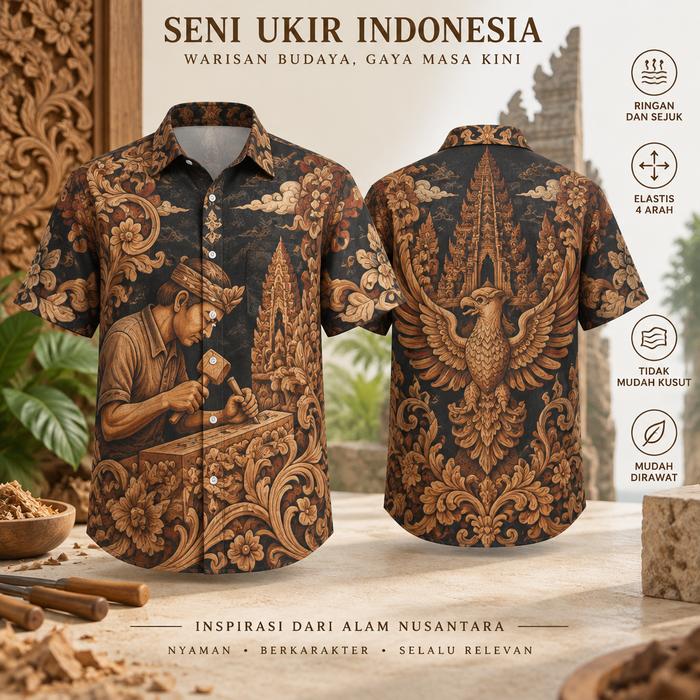 Kemeja Batik Pria Lengan Pendek Motif Ukiran Nusantara Garuda Candi dan Pengrajin Kayu, Warna Hitam 