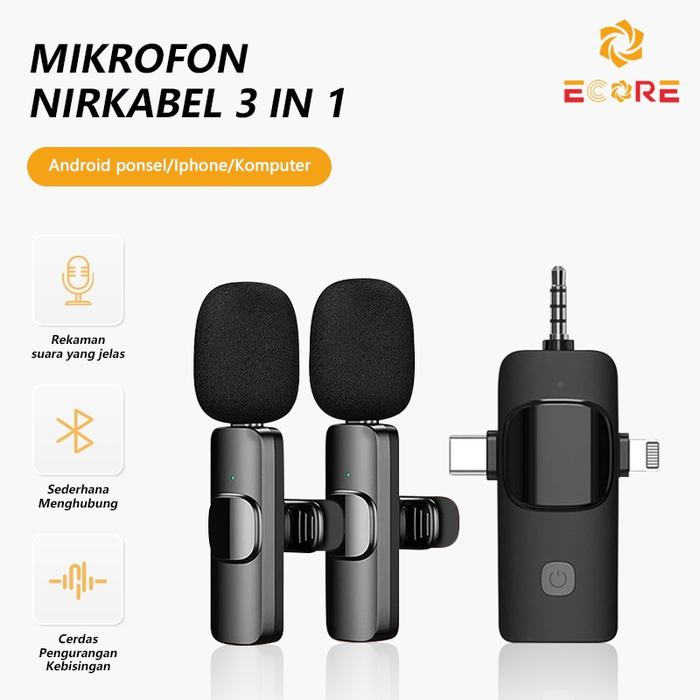 Ecore 3IN1 Microphone Wireless Dual Mikrofon Clip on Mic bluetooth Tanpa kapel Microphone youtuber s