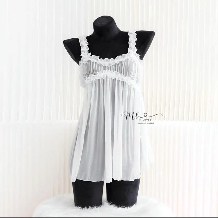 Milovee 483 Babydoll - Lingerie Mini Dress Nylon Transparan Non Cup Wanita Dewasa Hitam Putih Fit To