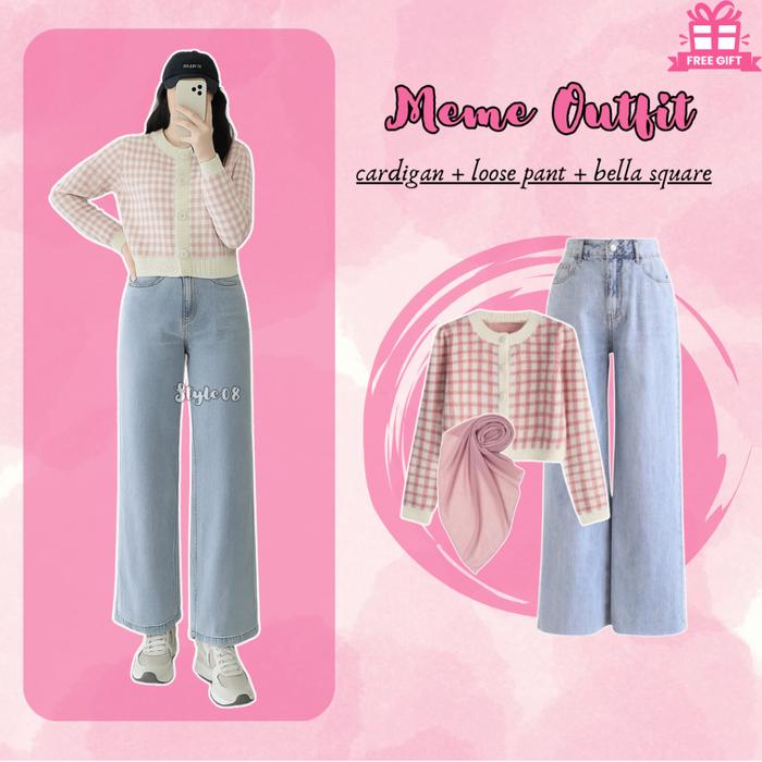 NEW Outfit | One Set ( Cardigan Kotak Pink + Kulot Jeans + Hijab ) | Korean Hijab