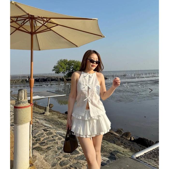 SET7601 Nayeon Ribbon Vest with Layered Mini Skort Set / Setelan Korea Vest Rok