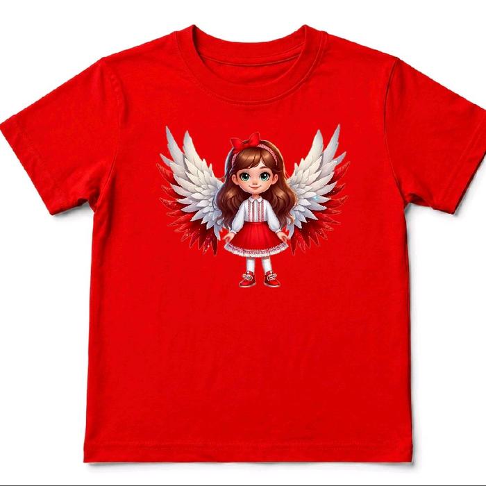 Kaos Anak Perempuan dengan Gambar Anak Perempuan Bersayap Tema Merah Putih Sablon Polyflex PVC Korea