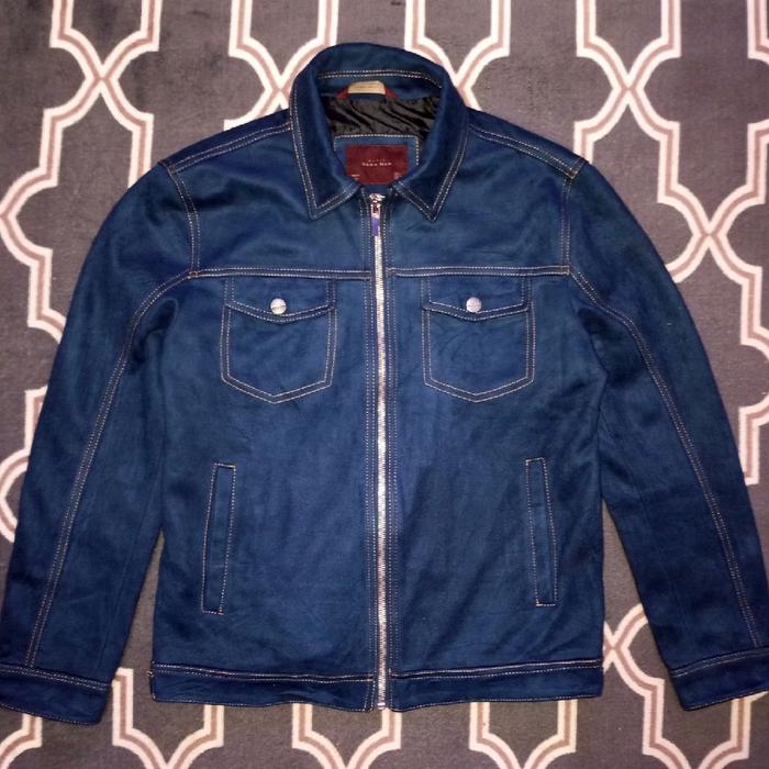 Jaket Zara man Bikers Riding Trucker leather suede Navy