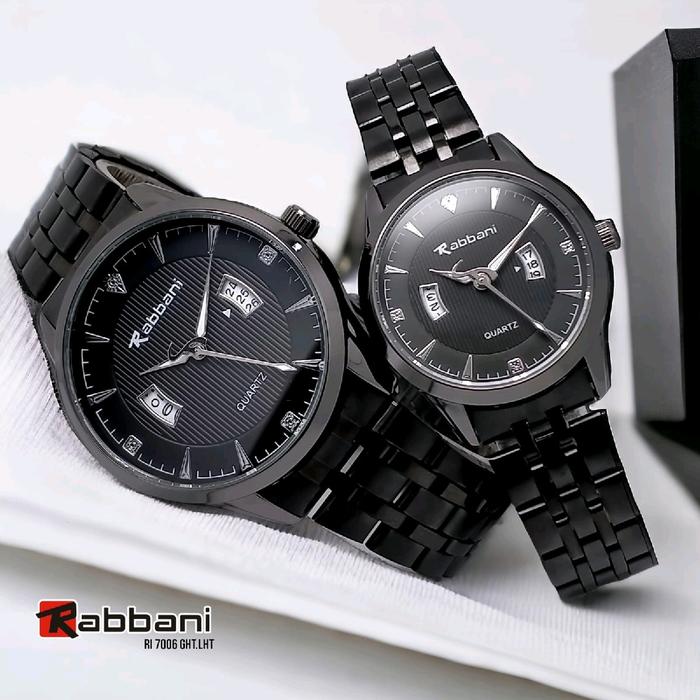 Rabbani 7006 Ght/Lht, Jam tangan Couple, Rantai hitam, mesin tanggal akif, water resistant.