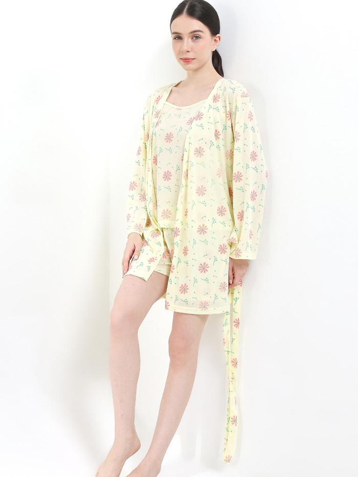 Kimono Pyjama Ladies Sleepwear 307 Rib Light Yellow Flower Lengan Panjang (52508 71085 RK) Pajamas B