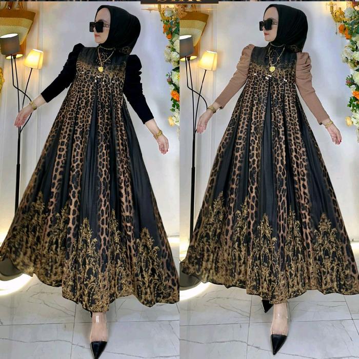 SHR NEW!! READY MIDI DRESS LEOPARD GRADASI KATUN MIX RAJUT BY SHR ORI