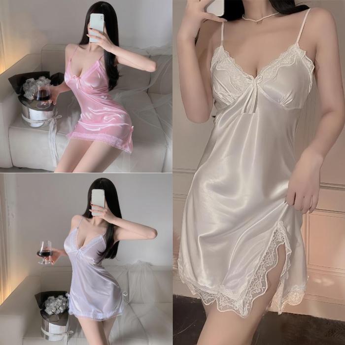 Piyama Satin Premium Baju Tidur Wanita Sexy Lingerie Dress Hiasan Renda Tali Bahu Bisa Diatur Adem