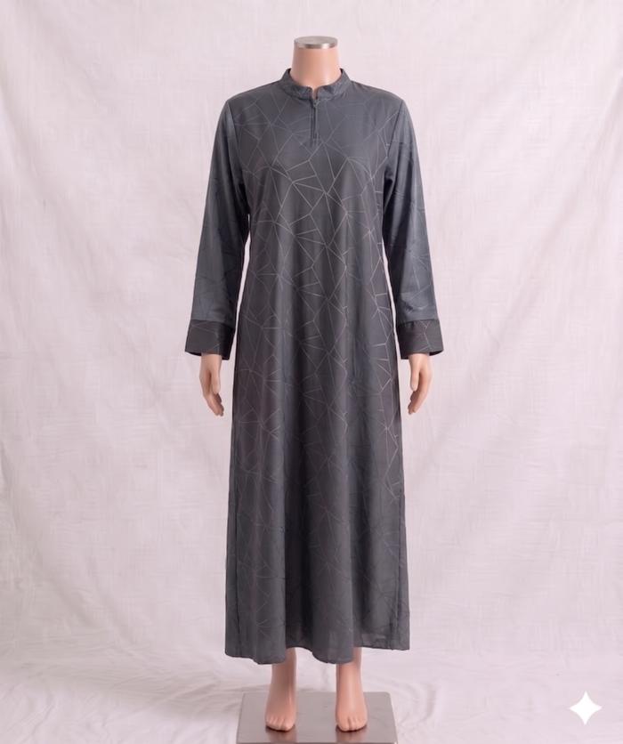 [PRELOVED] Modern Geometric Thobe – Charcoal Grey Silk Finish – Gamis Abu – Size M