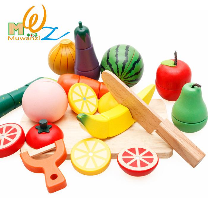 Kayu Dapur Mainan Makanan cutting Sayuran Buah Blok berpura-pura