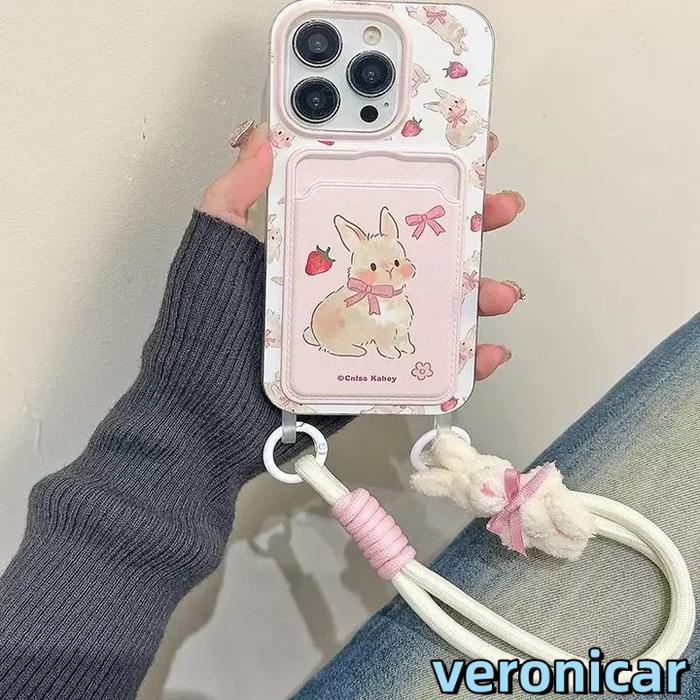 【Tali Gantungan + Casing Ponsel】Pink Phone Case Cute Bunny Phone Case Soft silicone case to protect 