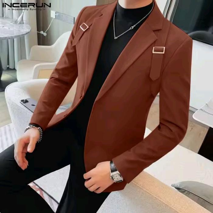 INCERUN Blazer Pria Model Gesper Atas Warna Cokelat Gaya Modern untuk Pria Aktif jaket formal