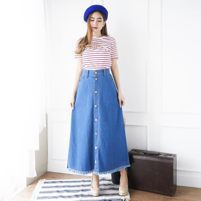 Rok Panjang Wanita Rok Jeans Panjang Rumbai Rawis Kancing Depan Button Denim Maxi Skirt Korea Mila