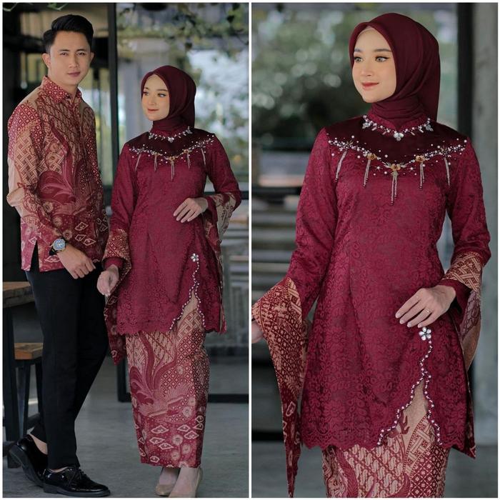 Set Couple Kebaya Wisuda Kinara Modern Terbaru Brukat Batik Bahan Katun Prima Tunangan Lamaran Baju