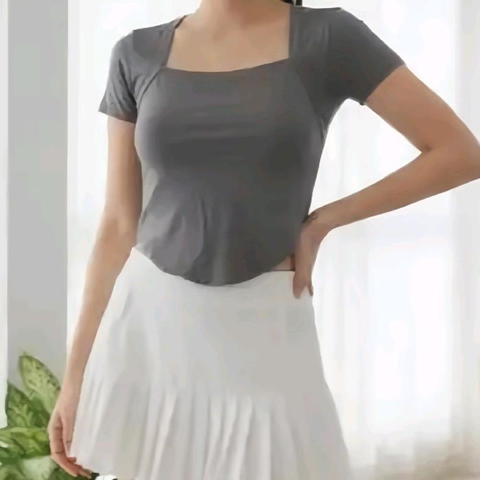 Atasan Wanita 6032 Kaos Crop Top Slim Fit Ujung Lengkung Korean Style Lengan Pendek Leher Kotak Baha