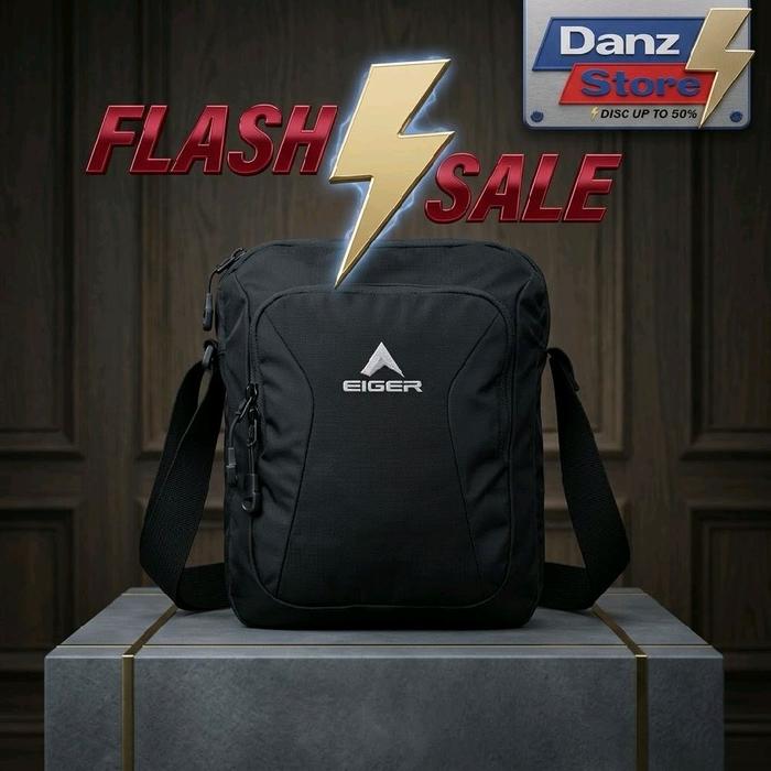 Slingbag Tas Selempang Eiger Pria Dan Wanita | Waistbag Tas Pinggang Cowok Kanvas Hitam Logo Bordir 
