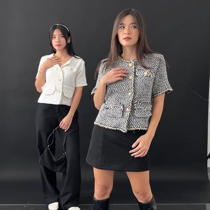 CARDIGAN ARIANA TWEED SHORT SLEEVE TOP - KARDIGAN ARIANA TWEED TANGAN PENDEK PREMIUM